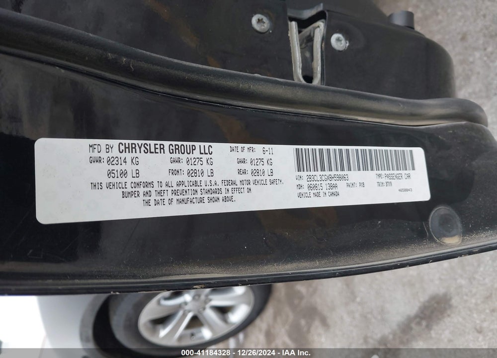 2011 DODGE CHARGER VIN: 2B3CL3CGXBH598063