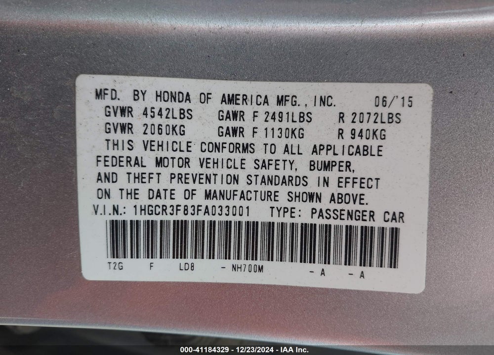 2015 HONDA ACCORD EX-L V-6 VIN: 1HGCR3F83FA033001