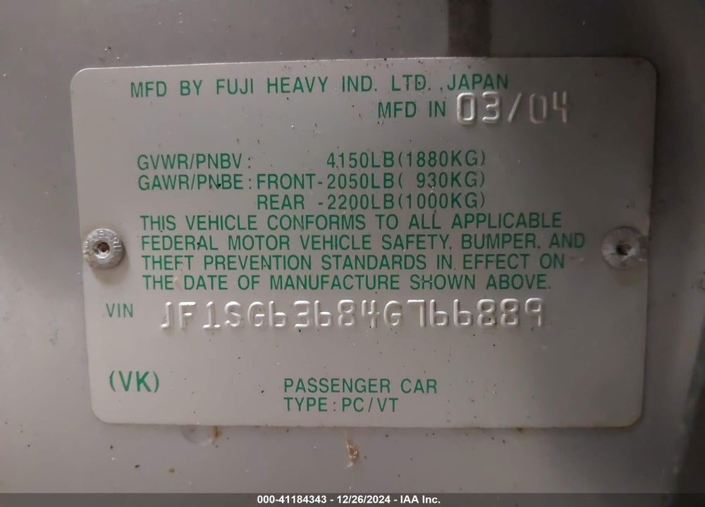 2004 SUBARU FORESTER 2.5X VIN: JF1SG63684G766889