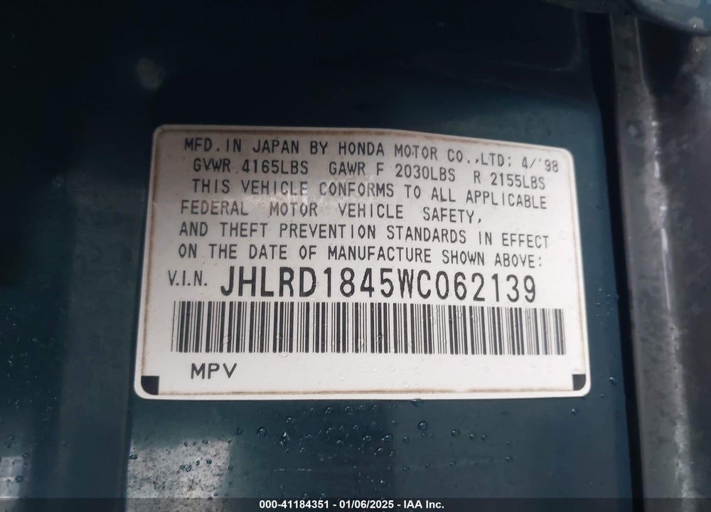 1998 HONDA CR-V LX VIN: JHLRD1845WC062139