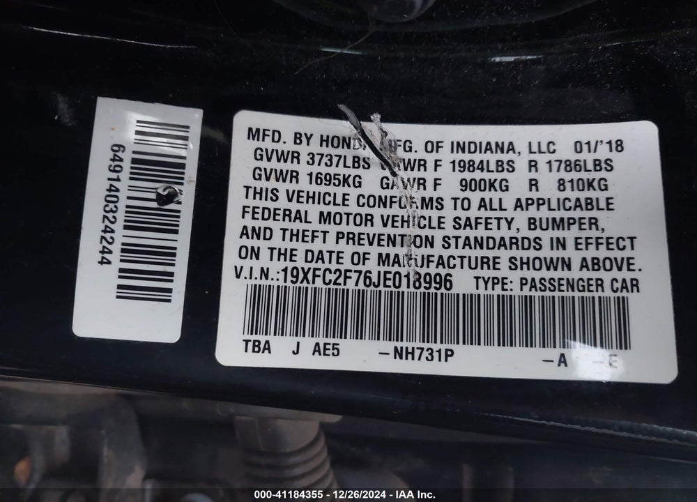 2018 HONDA CIVIC EX VIN: 19XFC2F76JE018996