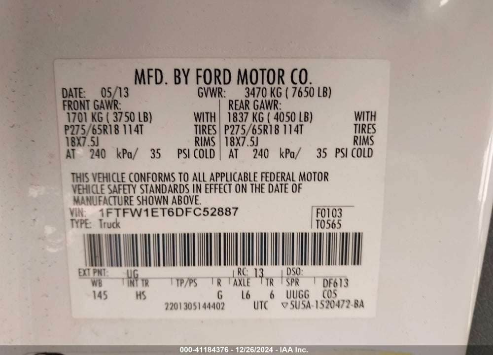 2013 FORD F150 VIN: 1FTFW1ET6DFC52887