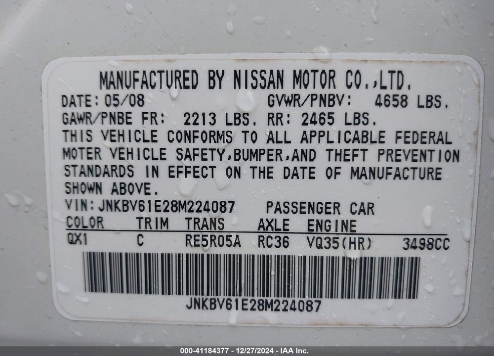 2008 INFINITI G35 JOURNEY VIN: JNKBV61E28M224087