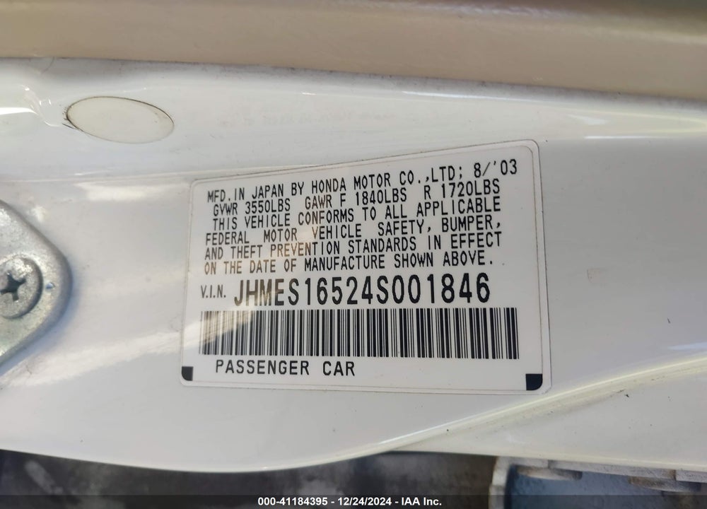 2004 HONDA CIVIC LX VIN: JHMES16524S001846