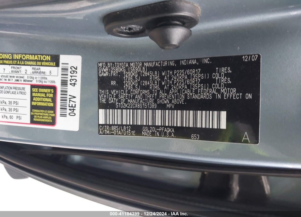 2008 TOYOTA SIENNA XLE VIN: 5TDZK22CX8S151389