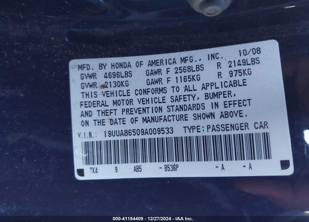 2009 ACURA TL 3.5 VIN: 19UUA86509A009533