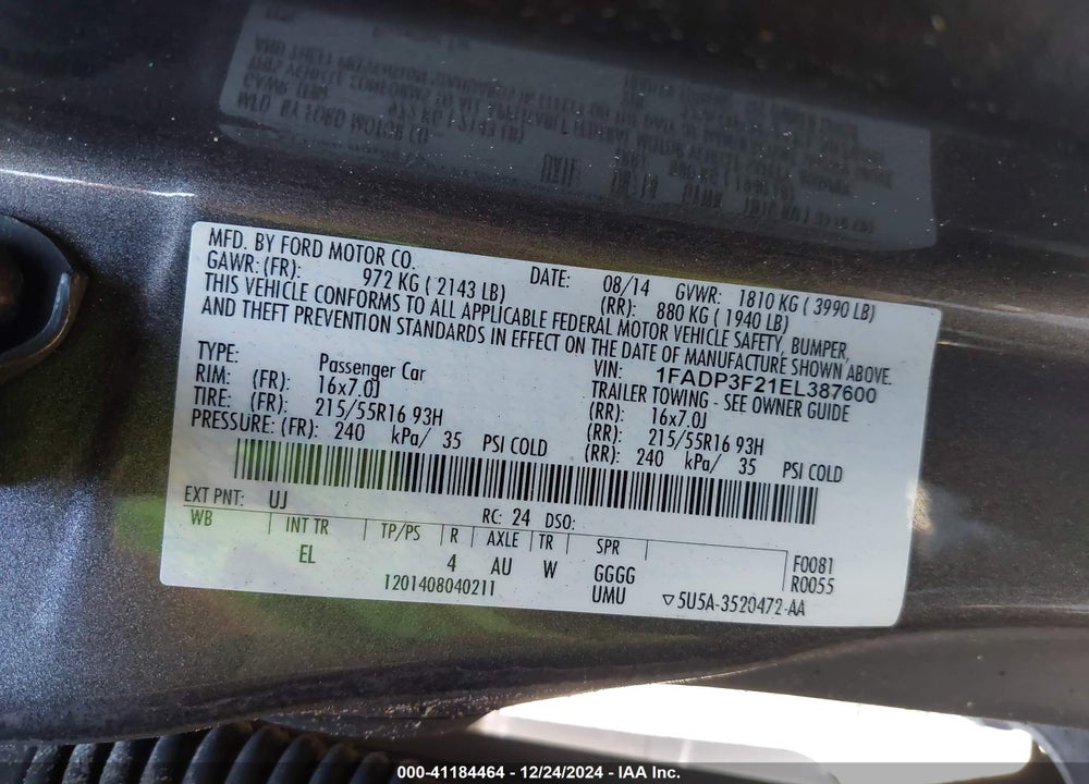 2014 FORD FOCUS SE VIN: 1FADP3F21EL387600