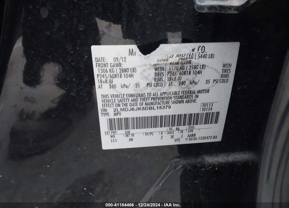 2013 LINCOLN MKX VIN: 2LMDJ6JK5DBL15379