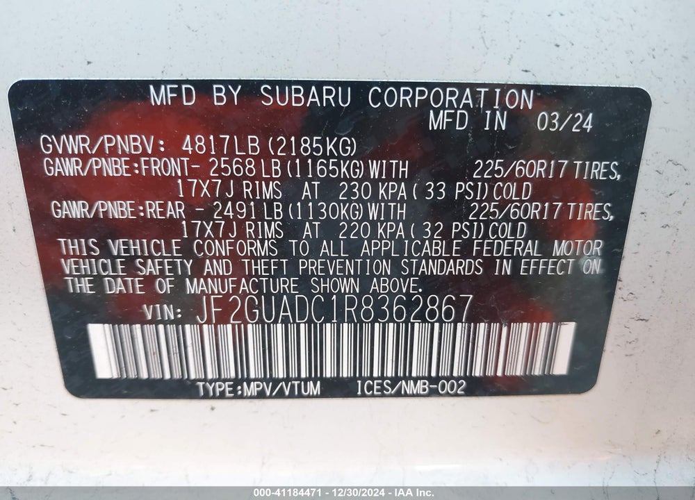2024 SUBARU CROSSTREK PREMIUM VIN: JF2GUADC1R8362867