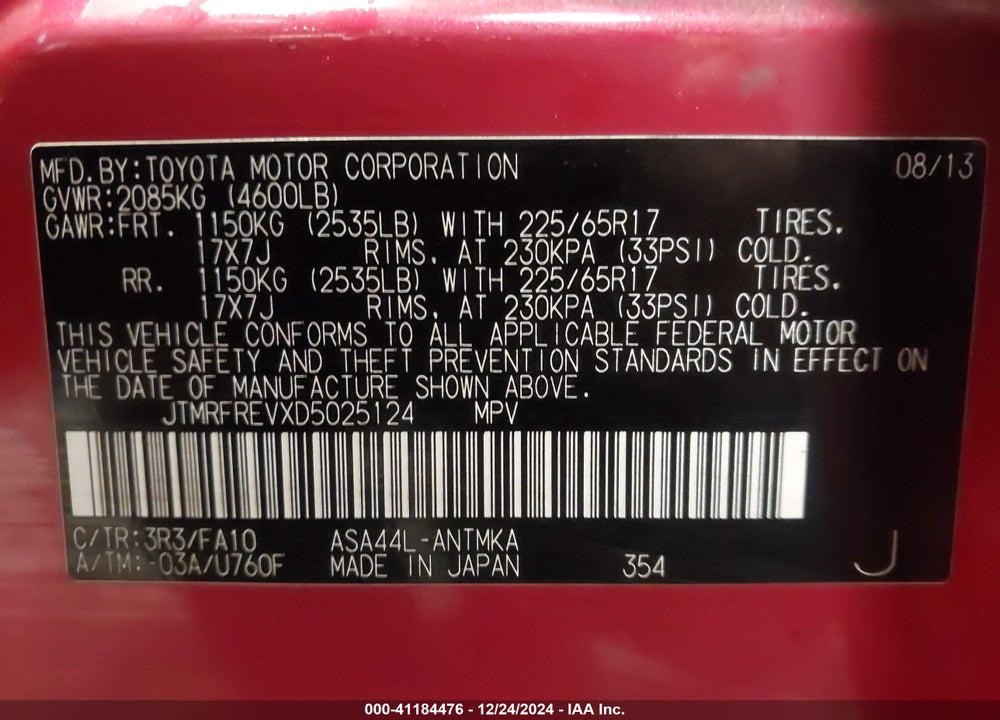 2013 TOYOTA RAV4 XLE VIN: JTMRFREVXD5025124