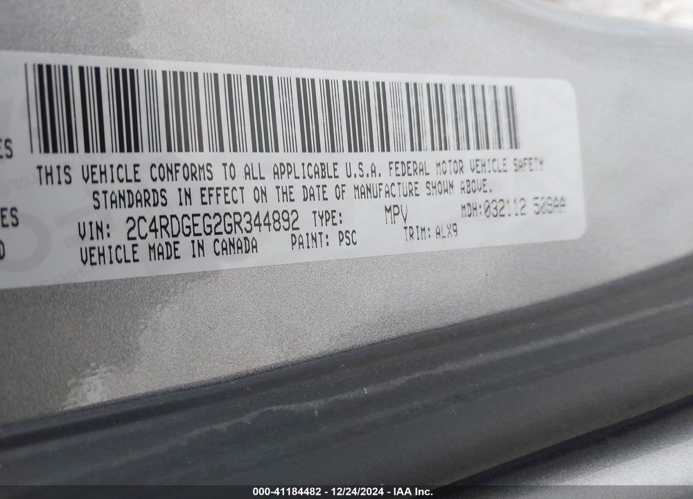 2016 DODGE GRAND CARAVAN R/T VIN: 2C4RDGEG2GR344892