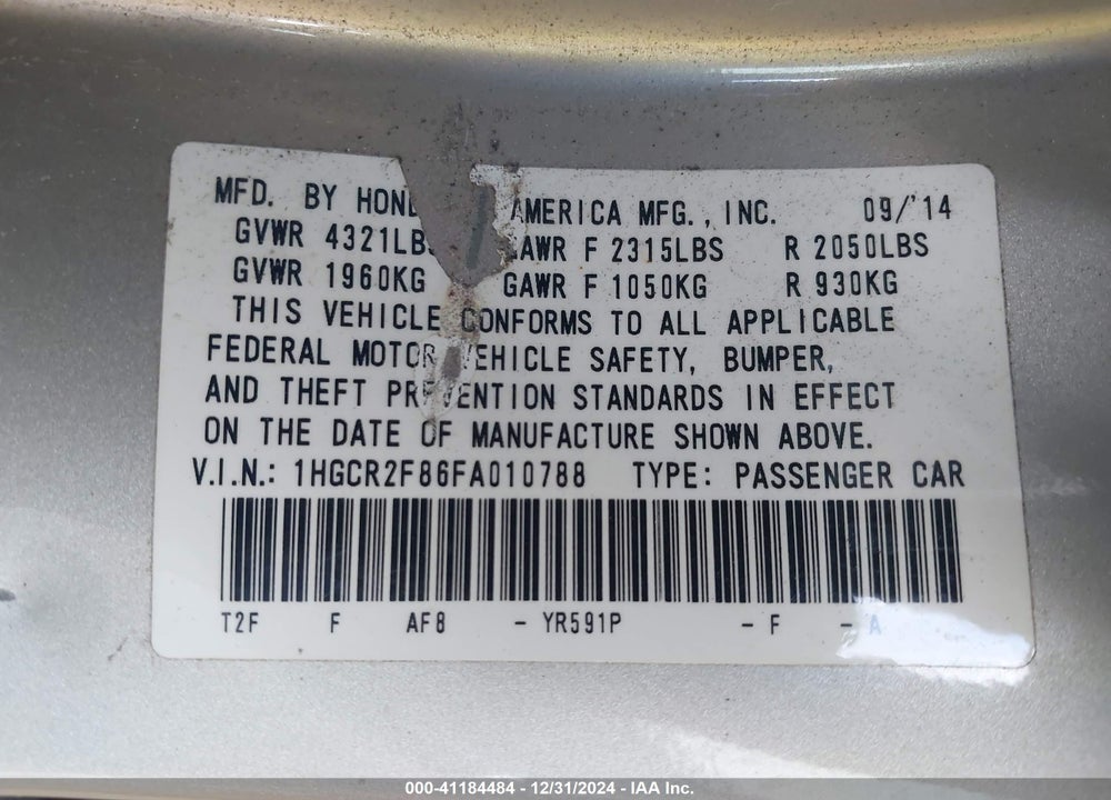 2015 HONDA ACCORD EX-L VIN: 1HGCR2F86FA010788