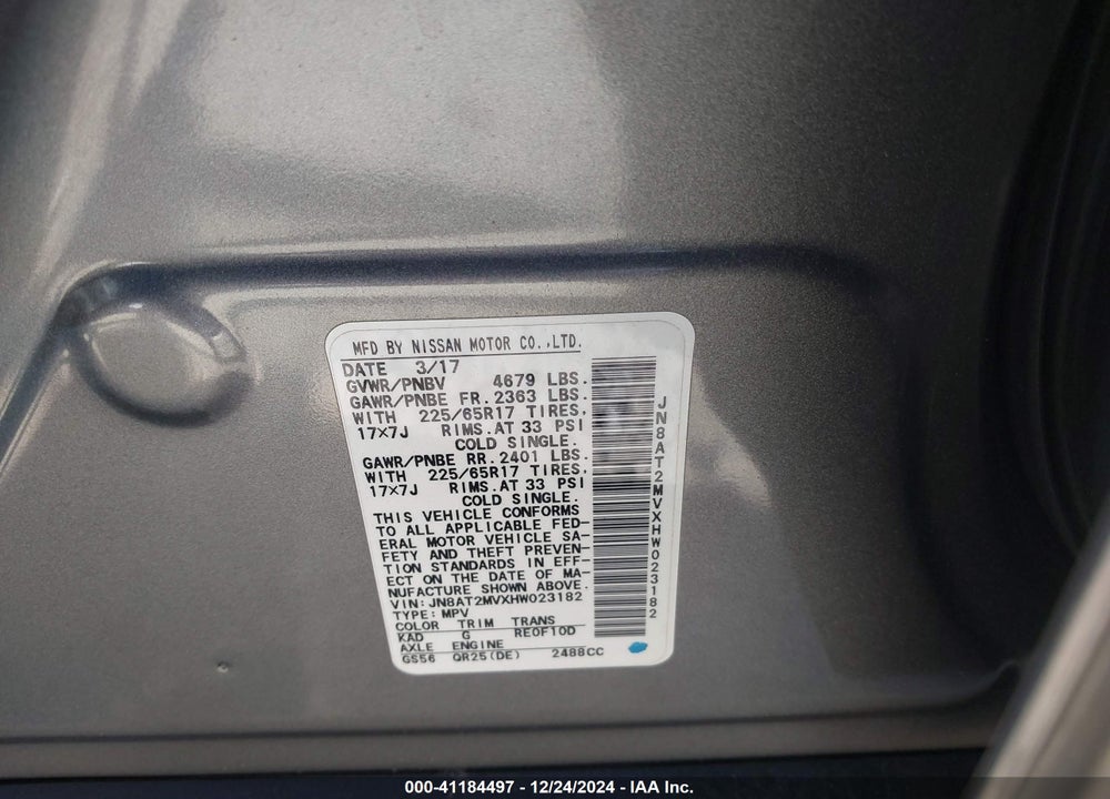 2017 NISSAN ROGUE SV VIN: JN8AT2MVXHW023182