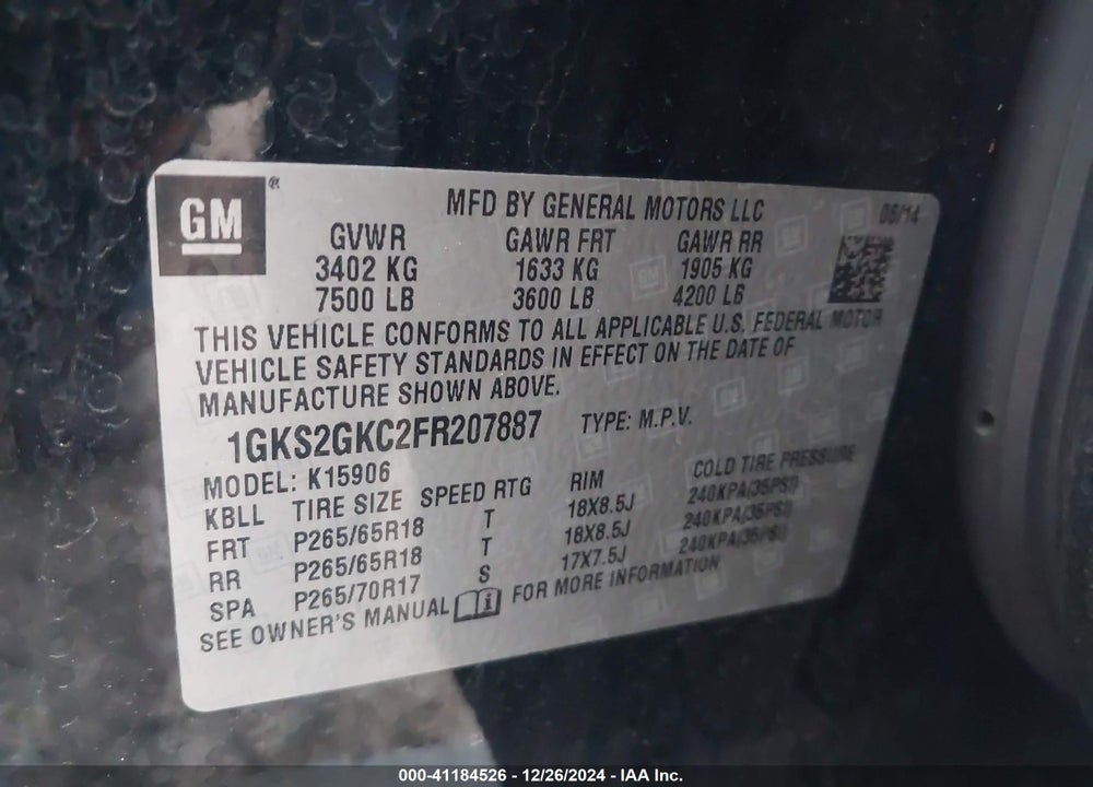 2015 GMC YUKON XL 1500 SLE VIN: 1GKS2GKC2FR207887