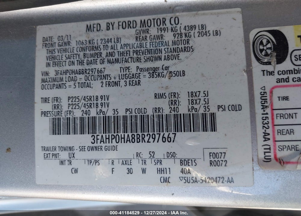 2011 FORD FUSION SE VIN: 3FAHP0HA8BR297667