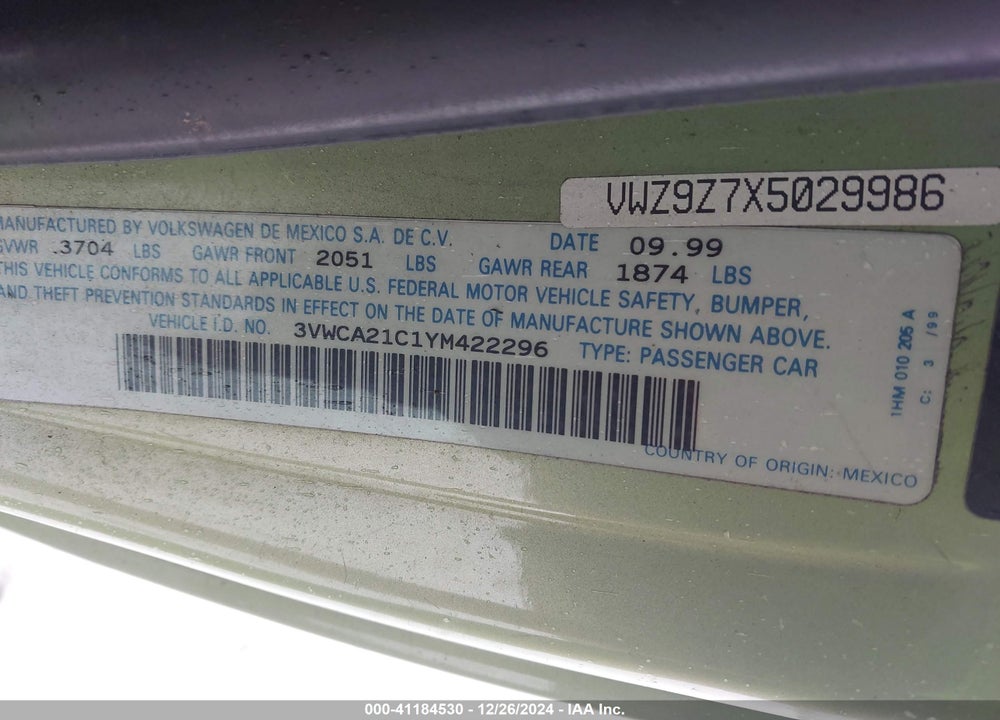 2000 VOLKSWAGEN NEW BEETLE GLS VIN: 3VWCA21C1YM422296