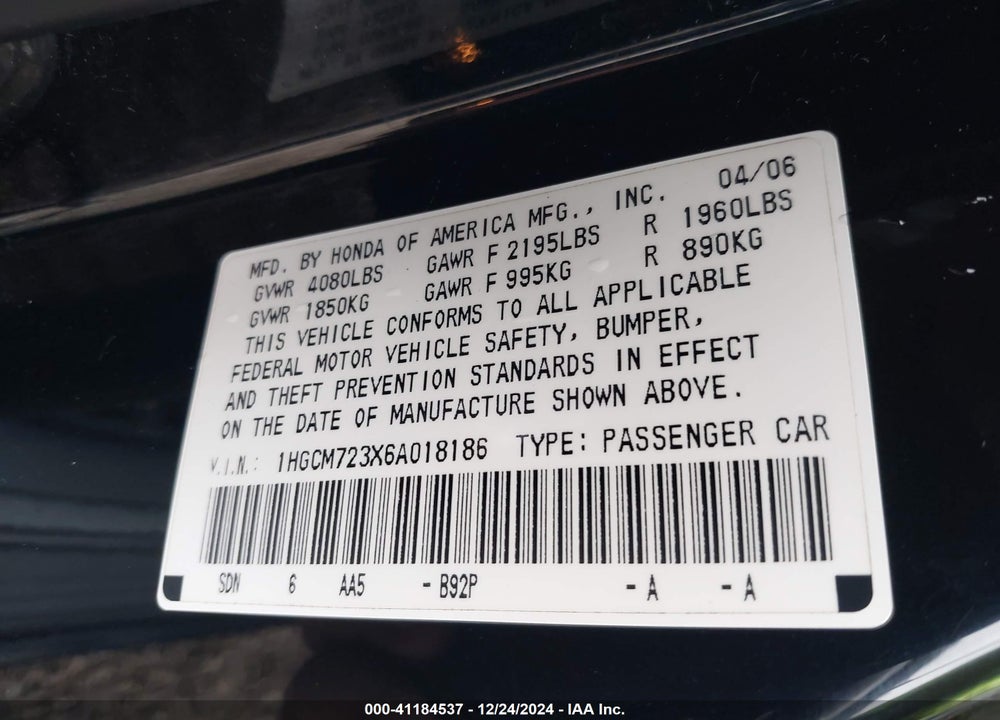 2006 HONDA ACCORD 2.4 LX VIN: 1HGCM723X6A018186