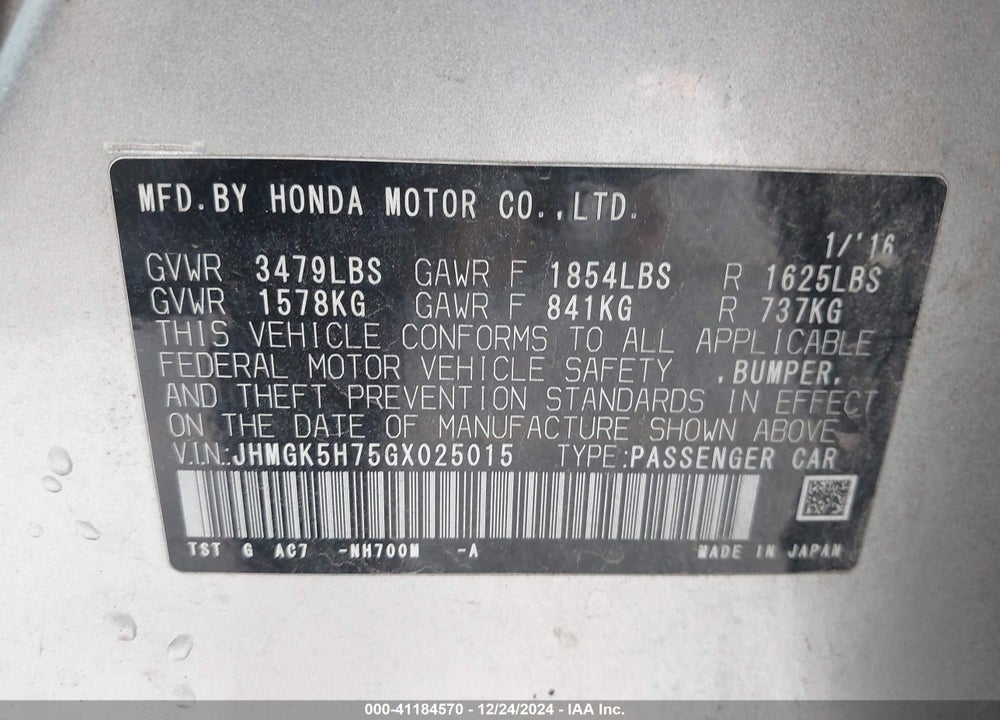 2016 HONDA FIT VIN: JHMGK5H75GX025015