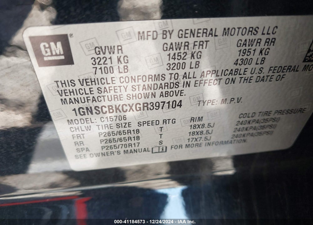 2016 CHEVROLET TAHOE LT VIN: 1GNSCBKCXGR397104