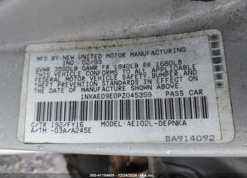 1993 TOYOTA COROLLA LE/DX VIN: 1NXAE09E0PZ045359