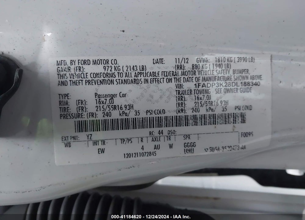 2013 FORD FOCUS SE VIN: 1FADP3K28DL188340