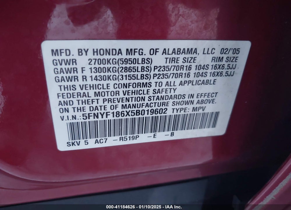 2005 HONDA PILOT EX-L VIN: 5FNYF186X5B019602
