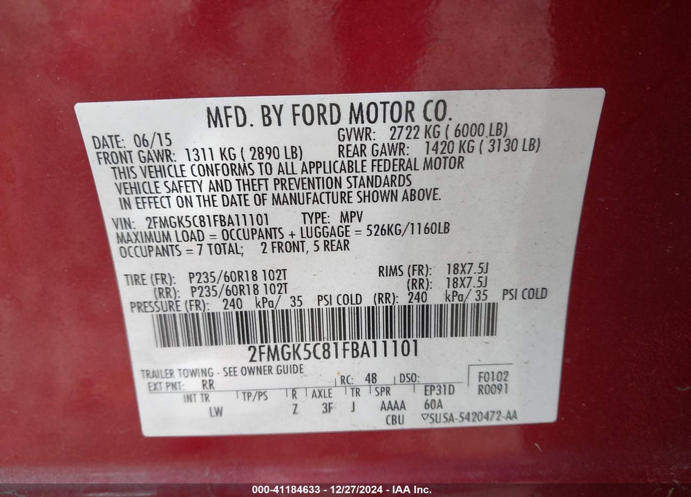 2015 FORD FLEX SEL VIN: 2FMGK5C81FBA11101