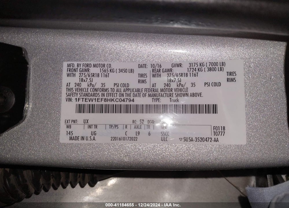 2017 FORD F150 VIN: 1FTEW1EF8HKC04794
