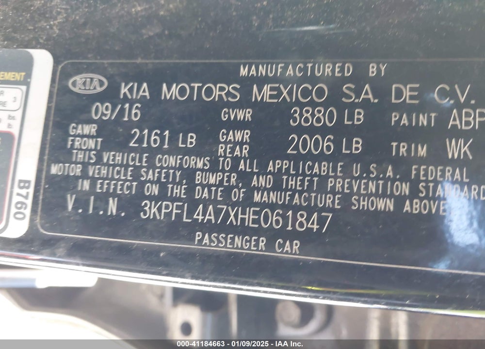 2017 KIA FORTE VIN: 3KPFL4A7XHE061847