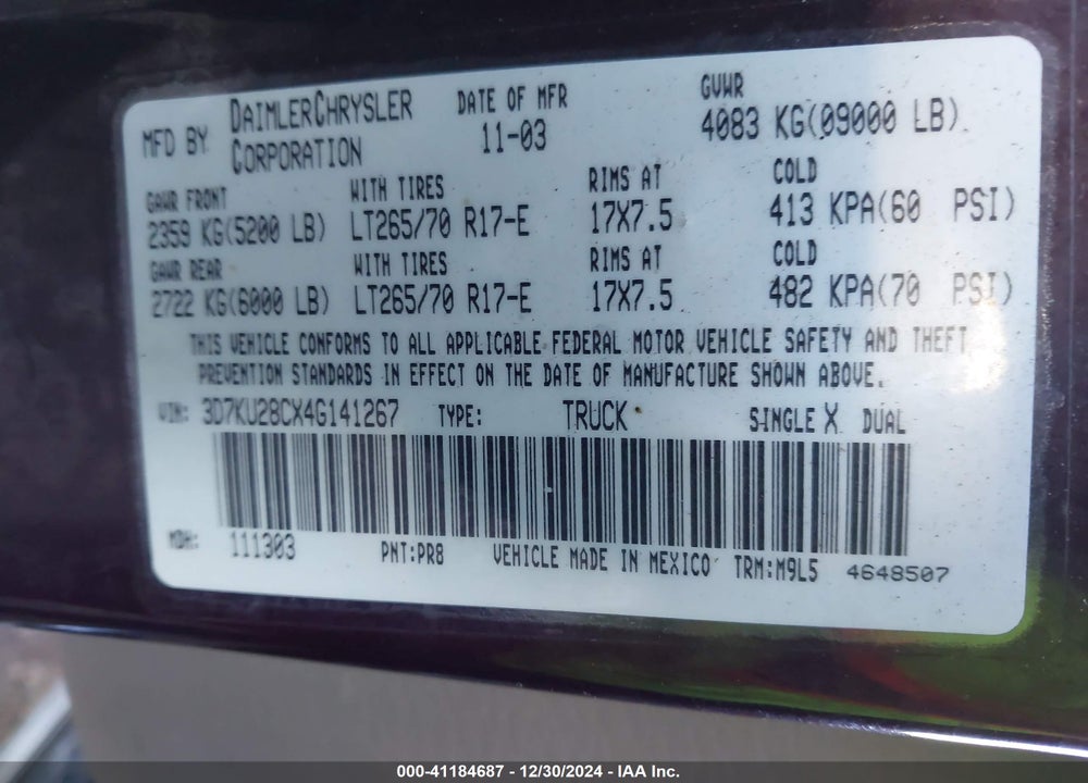 2004 DODGE RAM 2500 SLT/LARAMIE VIN: 3D7KU28CX4G141267