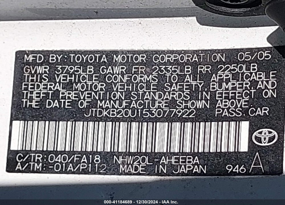 2005 TOYOTA PRIUS VIN: JTDKB20U153077922