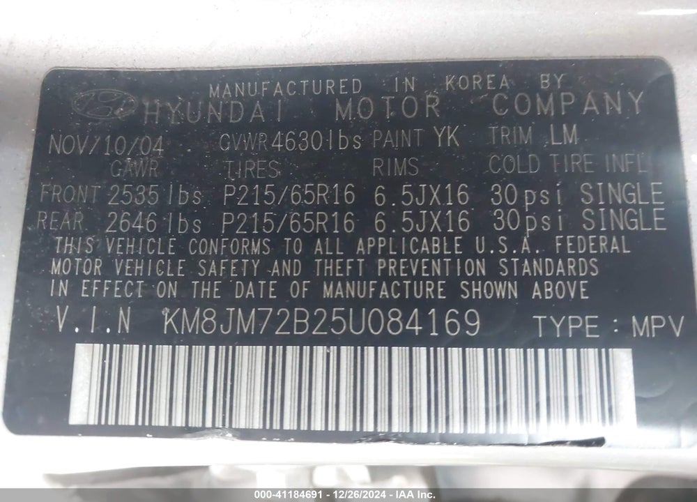 2005 HYUNDAI TUCSON GL VIN: KM8JM72B25U084169