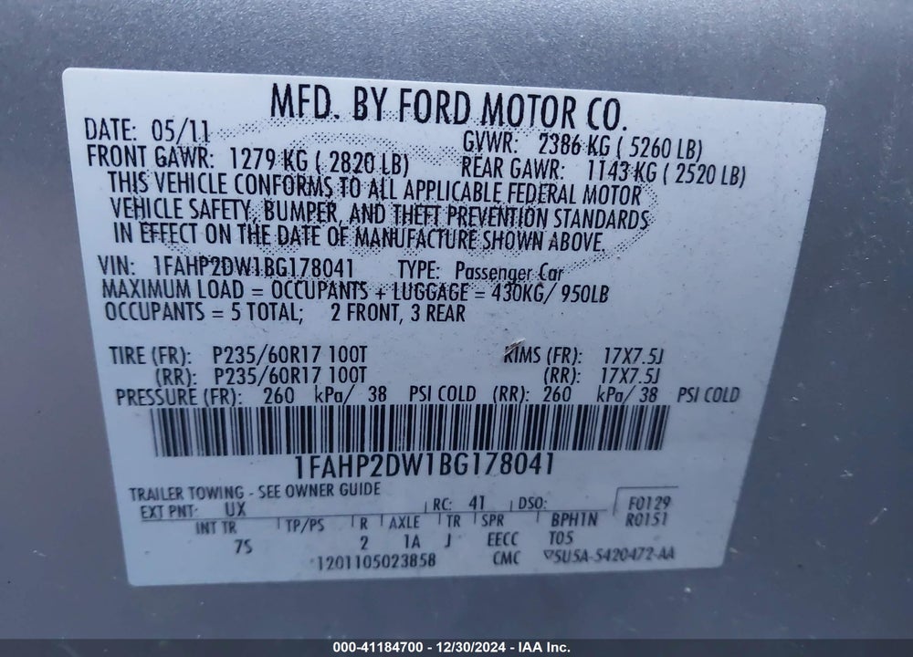2011 FORD TAURUS SE VIN: 1FAHP2DW1BG178041