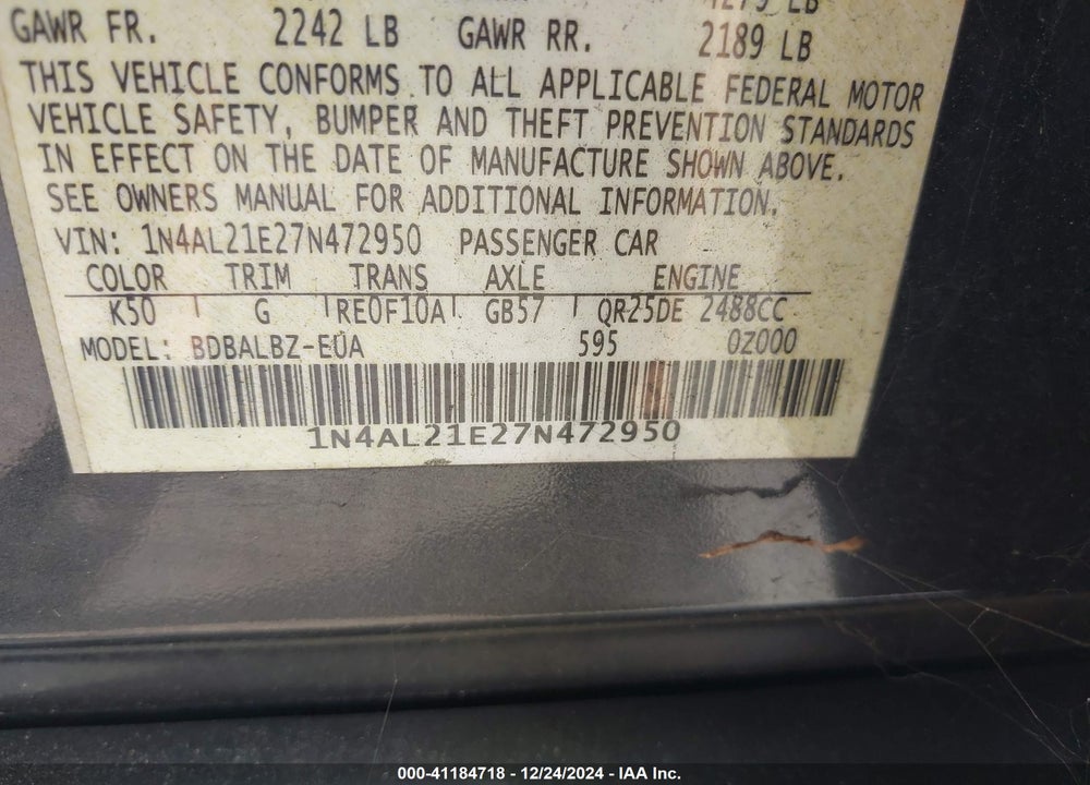 2007 NISSAN ALTIMA 2.5 S VIN: 1N4AL21E27N472950