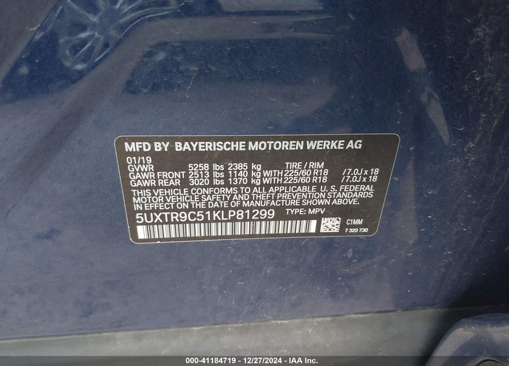 2019 BMW X3 XDRIVE30I VIN: 5UXTR9C51KLP81299