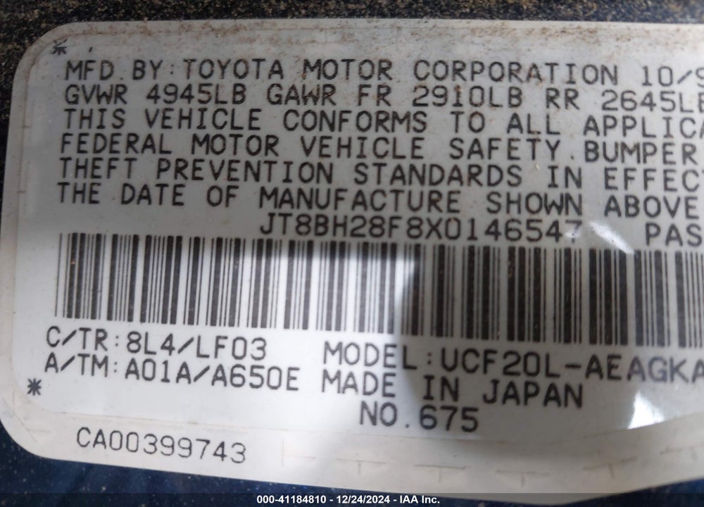 1999 LEXUS LS 400 VIN: JT8BH28F8X0146547
