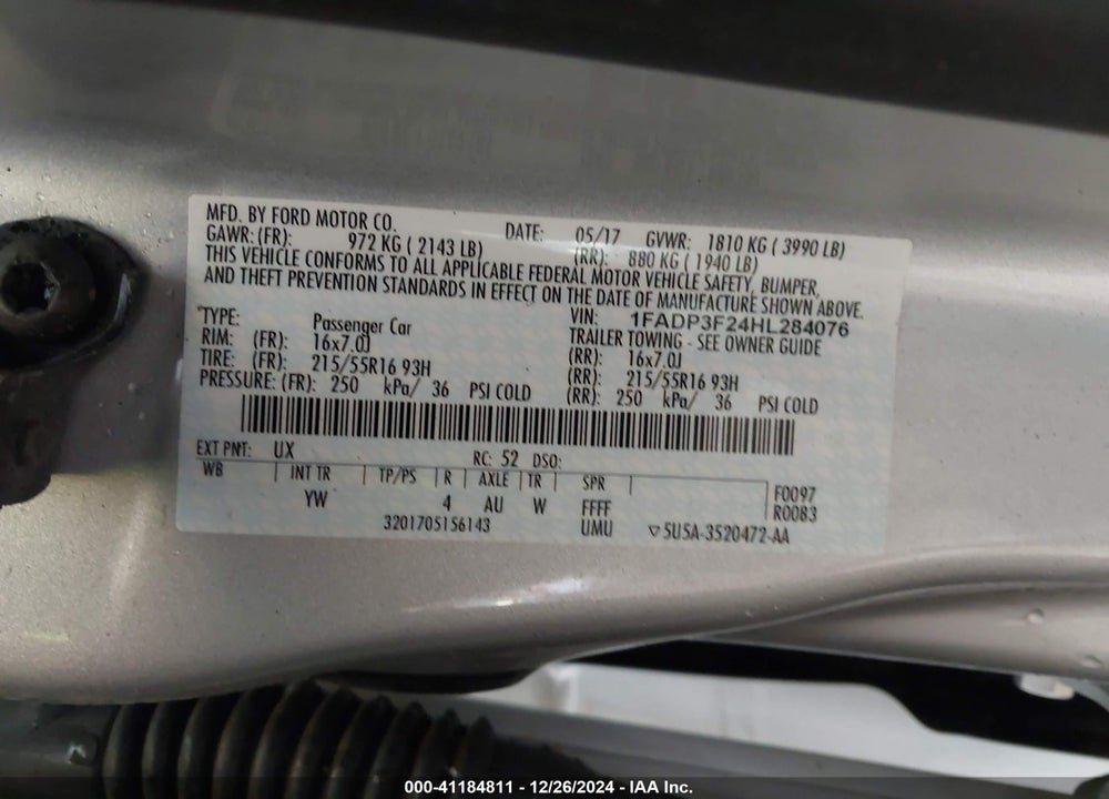 2017 FORD FOCUS VIN: 1FADP3F24HL284076