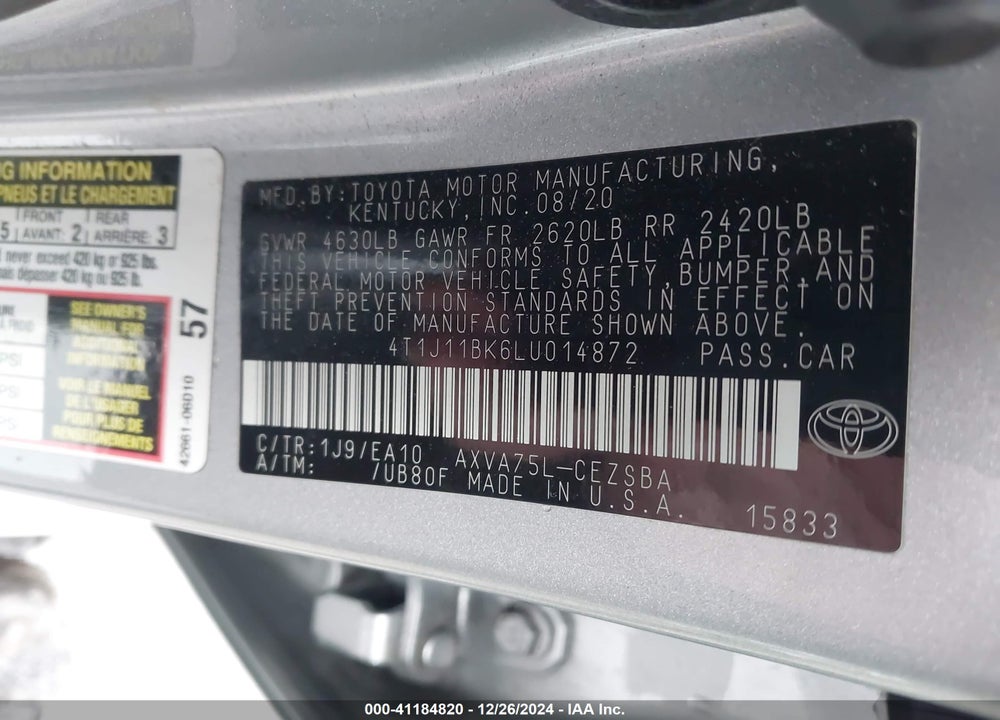 2020 TOYOTA CAMRY VIN: 4T1J11BK6LU014872