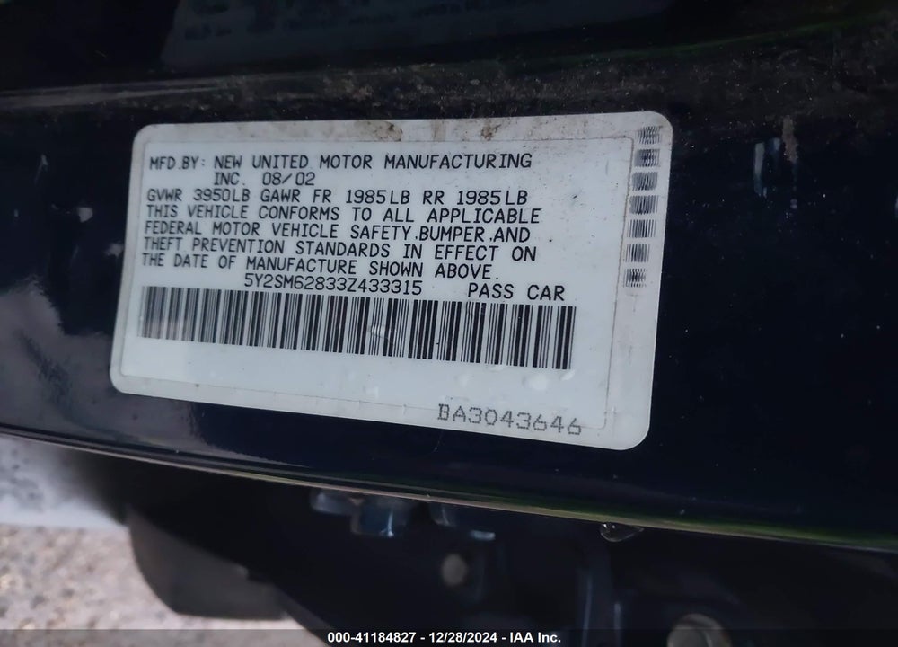 2003 PONTIAC VIBE VIN: 5Y2SM62833Z433315