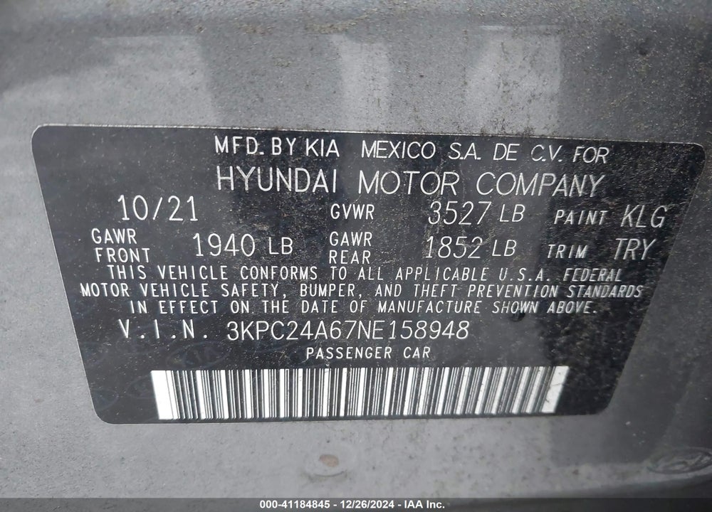 2022 HYUNDAI ACCENT SE VIN: 3KPC24A67NE158948