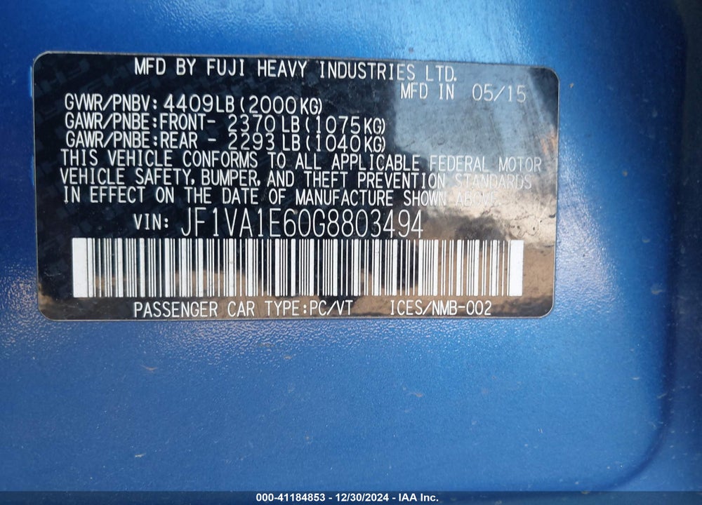 2016 SUBARU WRX PREMIUM VIN: JF1VA1E60G8803494