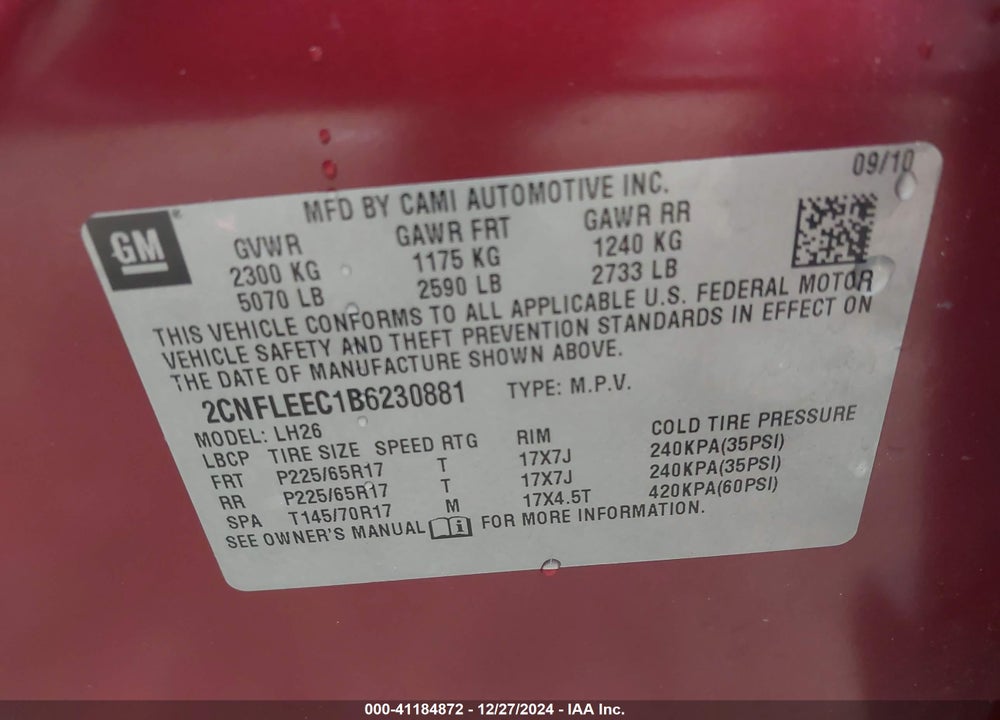2011 CHEVROLET EQUINOX 1LT VIN: 2CNFLEEC1B6230881