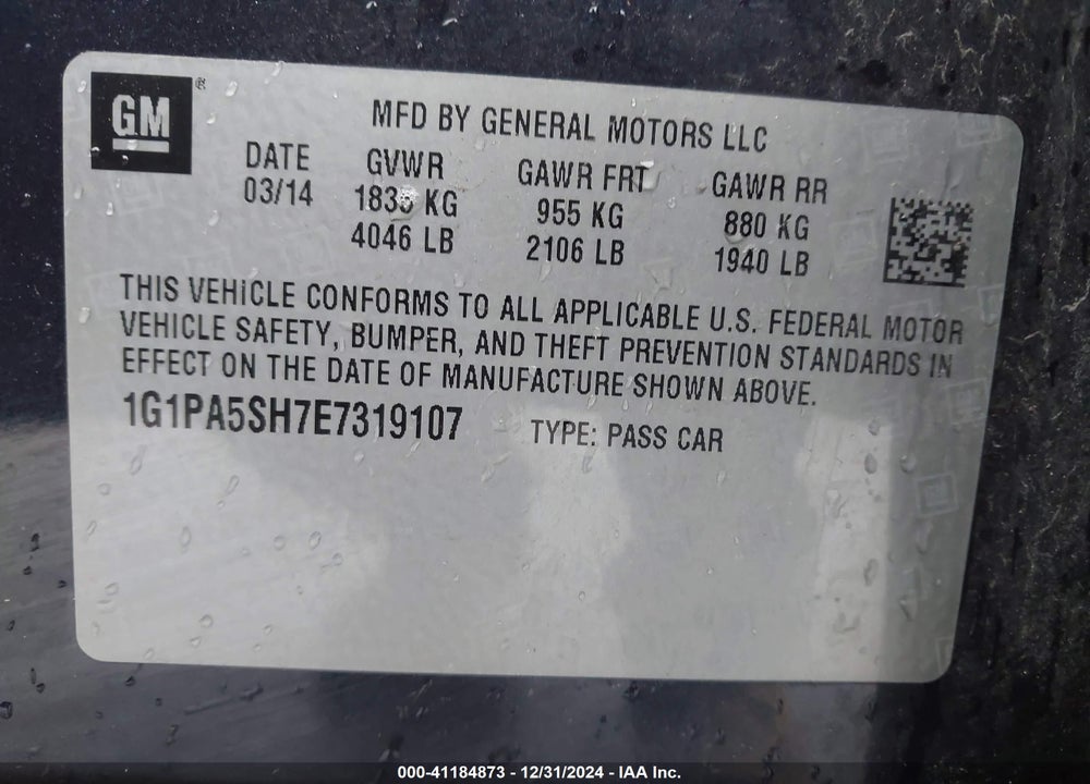 2014 CHEVROLET CRUZE LS AUTO VIN: 1G1PA5SH7E7319107