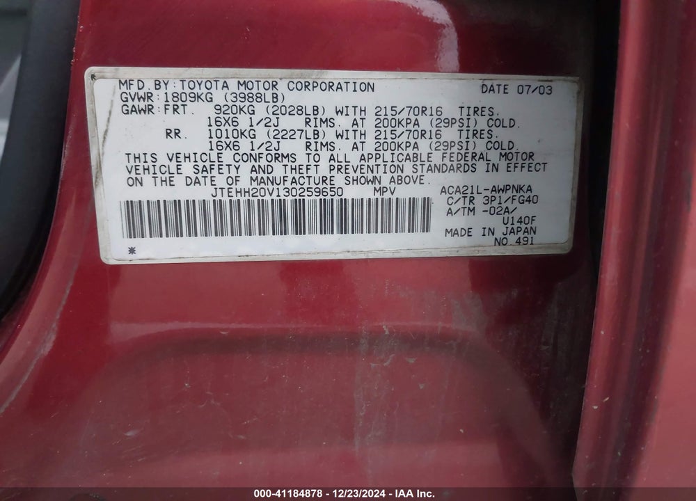 2003 TOYOTA RAV4 VIN: JTEHH20V130259650