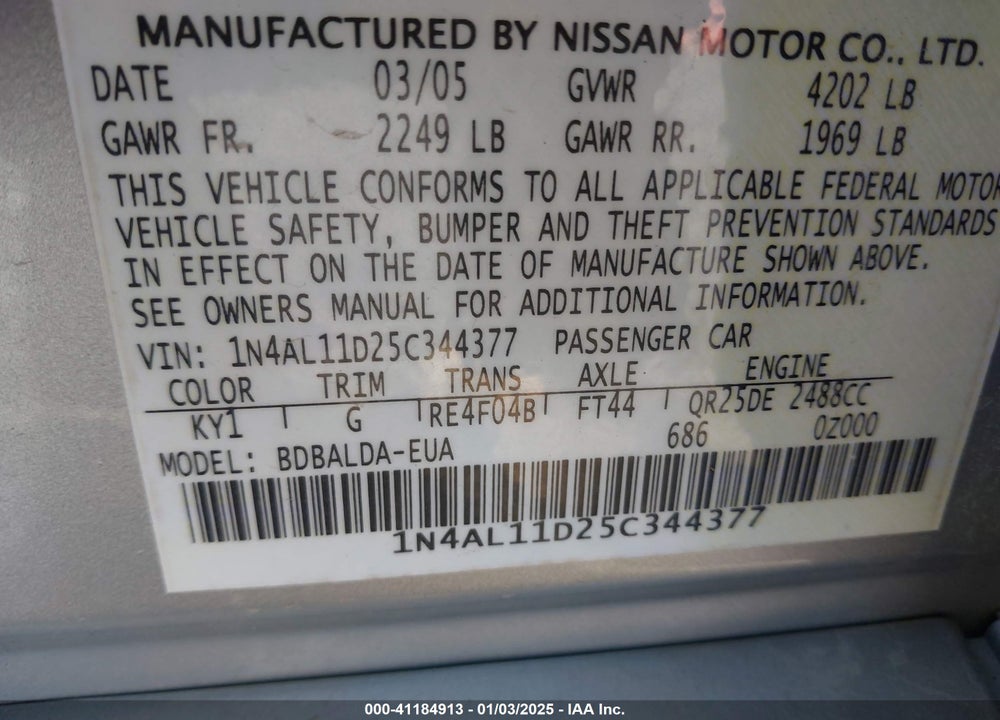 2005 NISSAN ALTIMA 2.5 S VIN: 1N4AL11D25C344377