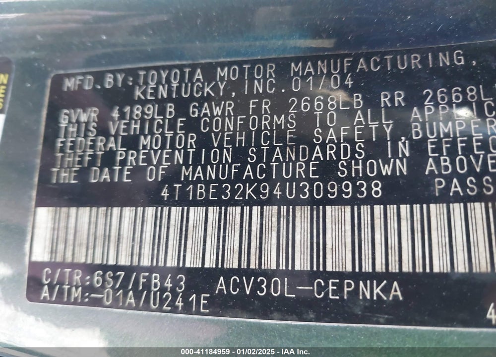 2004 TOYOTA CAMRY LE VIN: 4T1BE32K94U309938