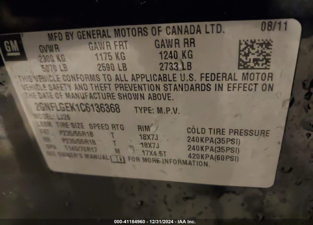 2012 CHEVROLET EQUINOX LTZ VIN: 2GNFLGEK1C6136368