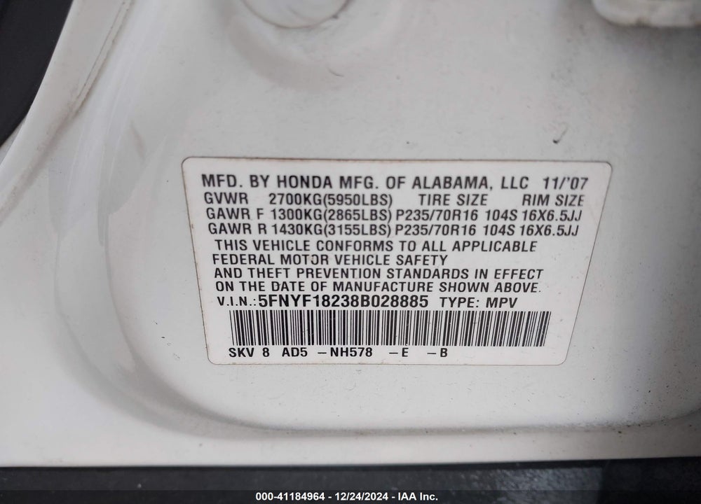 2008 HONDA PILOT VP VIN: 5FNYF18238B028885