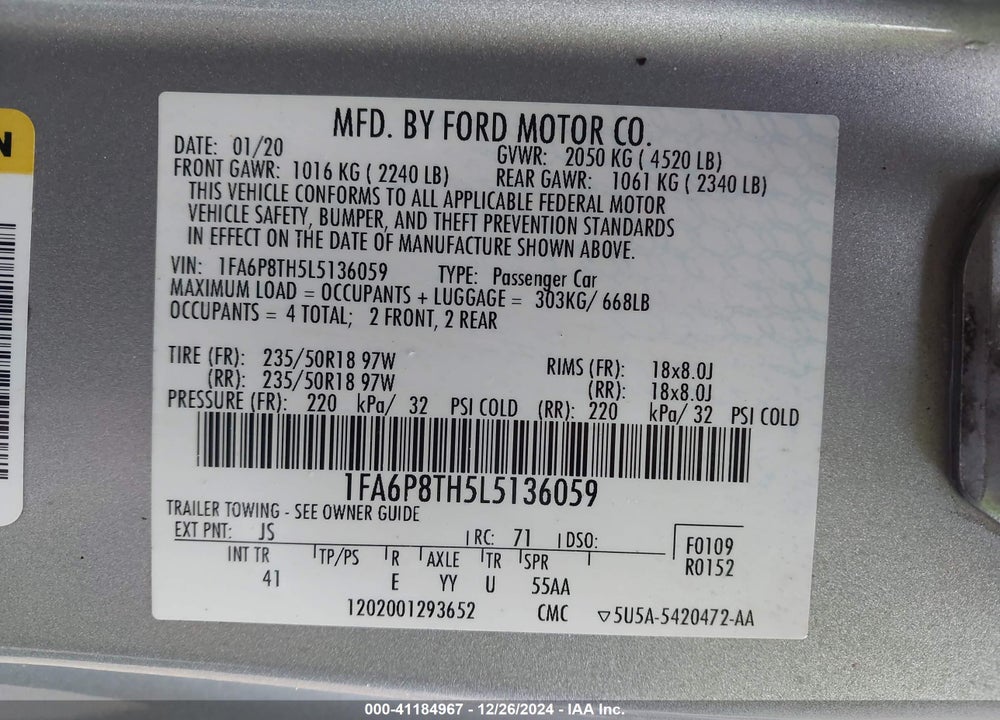 2020 FORD MUSTANG VIN: 1FA6P8TH5L5136059