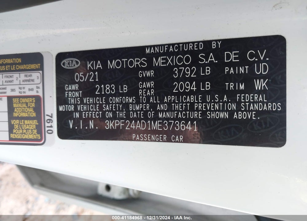 2021 KIA FORTE VIN: 3KPF24AD1ME373641